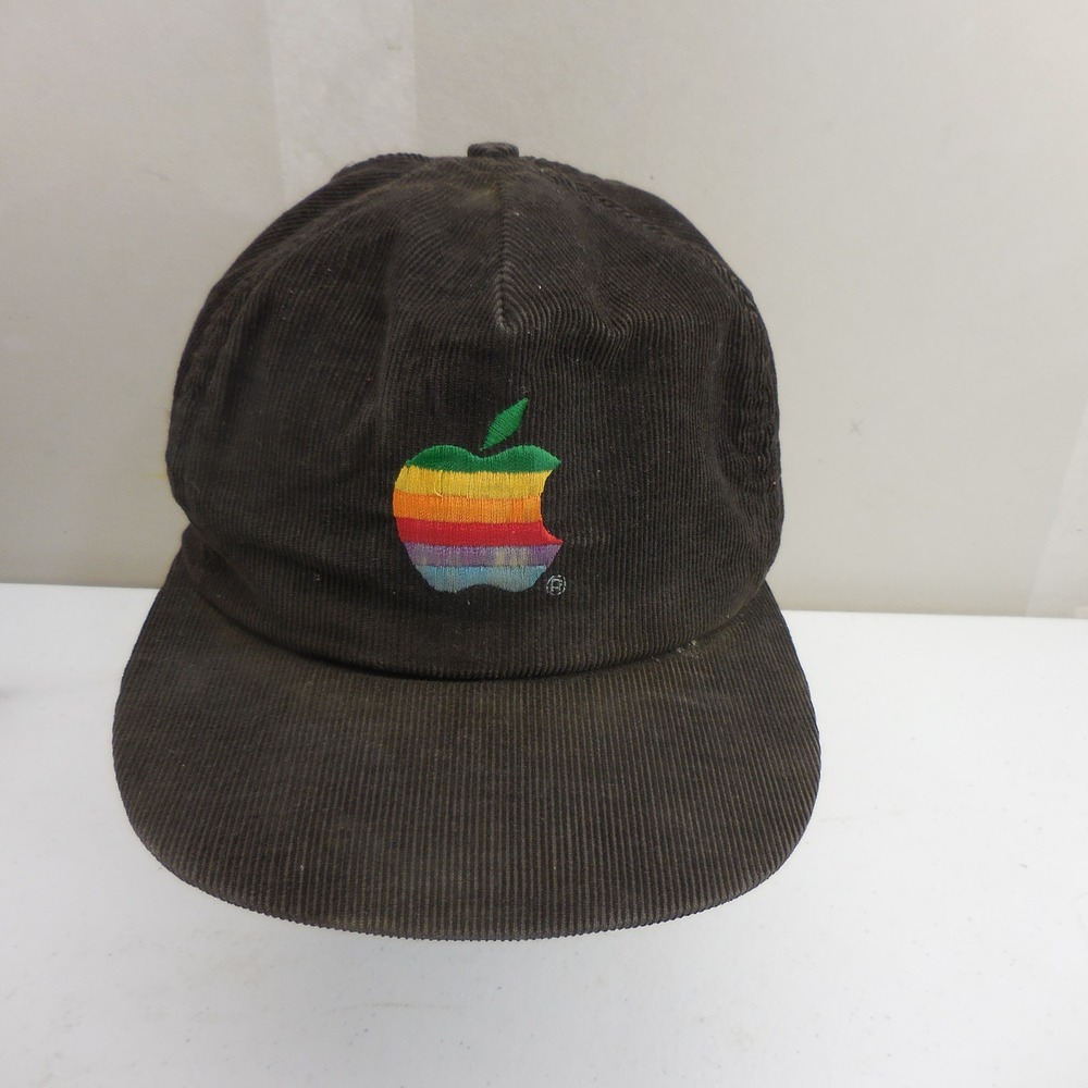 Vintage Apple Computer Rainbow Logo Corduroy Hat Cali-Fame Snapback Brown USA